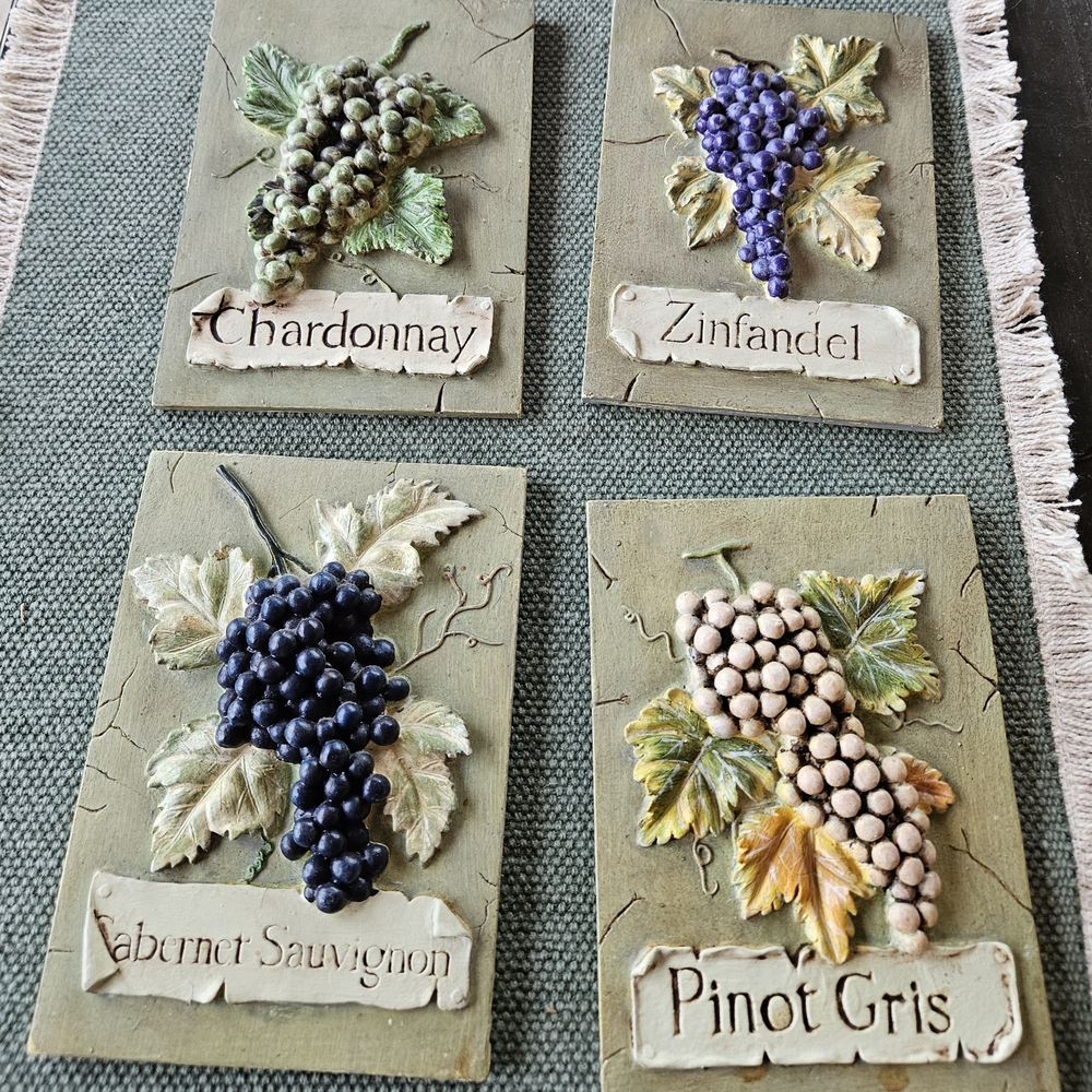 Vintage 3D Wine and Grapes Resin Plaques Tiles Wall Art Set of 4